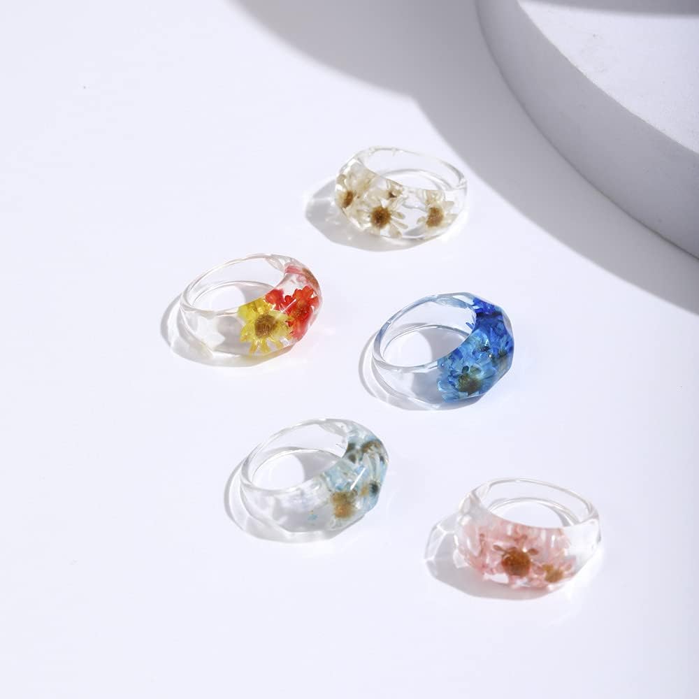 Chunky Acrylic Dried Flower Resin Rings Set Transparent Aesthetic Wide Thick Knuckle Stacking Ring for Women Colorful Beach Colorful Boho Jewelry - Image 3