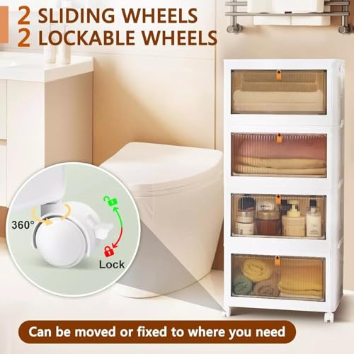Image of YASONIC 4 Pack Plastic Cupboard for Storage, Multipurpose Stackable Cabinet Drawer, Foldable Wardrobe Organizer for Clothes, Kitchen Storage Cabinet, Modular Almirah with Magnetic Doors, Wheels