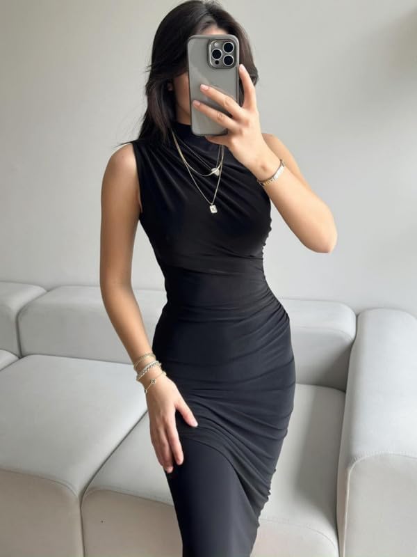 Robe Femme Sexy sans Manches Col Haut Robes Longue Moulante Elégant Bodycon Maxi Robe de Soirée D'éte Décontracté Wrap Robes Plissée avec Fendue pour Cocktail Prom Fête Clubwear