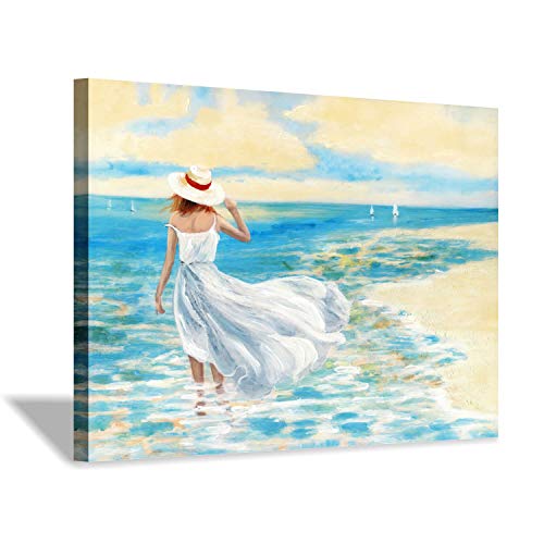 Hardy Gallery Abstract Beach Picture Wall Art: Girl & Ocean Artwork Seascape Painting On Canvas For Bathroom (36” X 24” X 1 Panel) #TOP28