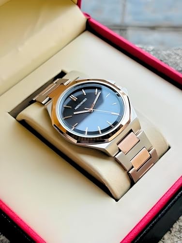 Image of AMERICANVIBER Modern Analog Watch, Silver and Black Two-Tone Stainless Steel Band, Octagonal Case, White Dial for Men