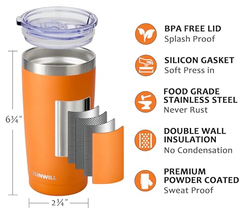Image of SUNWILL Travel Coffee Tumbler 20 oz, Insulated Mug with Lid, Stainless Steel Cup for Hot and Cold Drinks, Powder Coated Orange