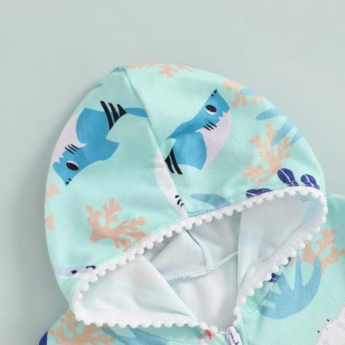 Image of Girls Hooded Terry Coverups Zip Up One Piece Swimsuits Sea Animals Print Short Sleeve Ruffle Swim Cover Up Swimwear (Green, 1-2T)