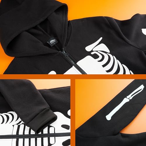 Get Trend Skelett Halloween Kostüm Herren & Teens Leuchtet im Dunklen, Fleece Jumpsuit für Karneval, Fasching, Motto-Party (3XL, Schwarz)