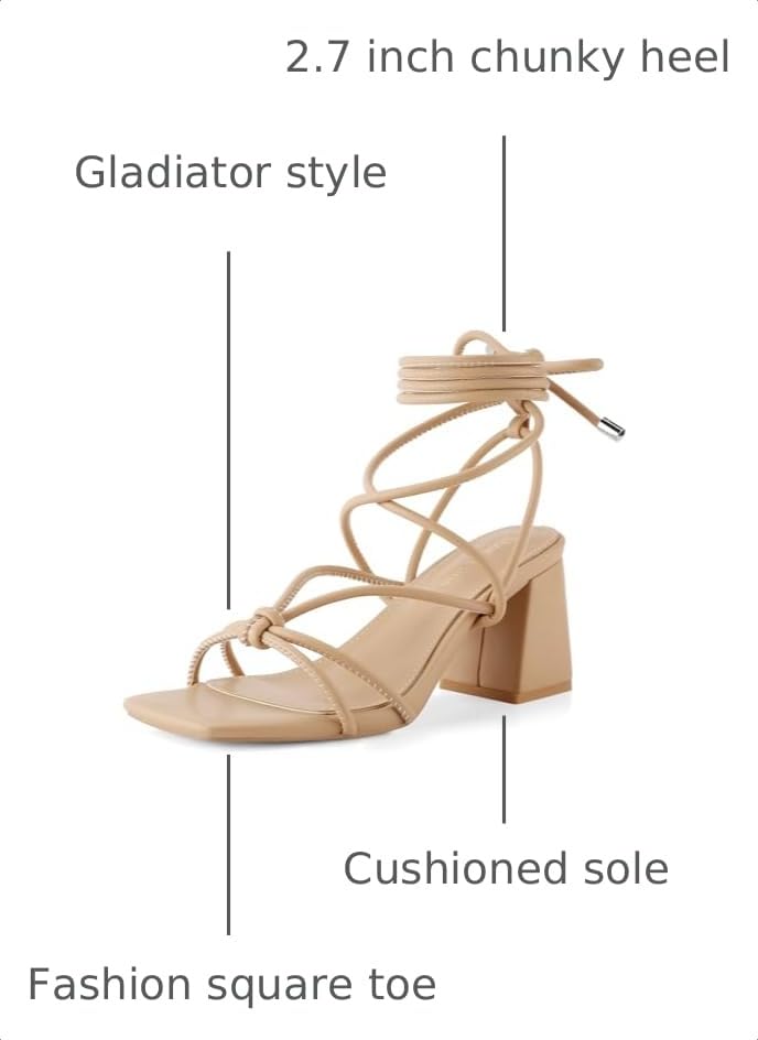 Image of Shoe'N Tale Lace Up Heels for Women Ankle Strappy Gladiator High Heeled Sandals Chunky Block Heel Square Open Toe Criss Cross Dress Shoes
