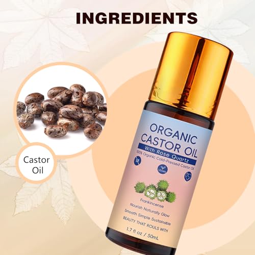 LHBMET Organic Castor Oil with Rose Quartz Roller, Cold-Pressed Pure Organic Castor Oil Roller Ball for Hair, Eyelashes, Eyebrows & Skin (1)