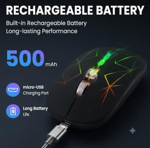 Image of Afaartcci Rechargeable Wireless Mouse 2.4GHz USB Optical Mouse with RGB Breathing LED Light, Silent Click, 3 Adjustable DPI 800 /1200 /1600, Micro USB Charging, Ergonomic Mouse for Laptop PC Desktop