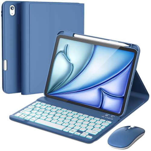 Image of RAYMCRAFT for iPad Air 11-inch Case with Keyboard M4 /M3 /M2 (2026 /2025 /2024), Mouse and Detachable Wireless Keyboard Combo for iPad Air 5th /4th 10.9-inch, 7-Color Backlit with Pencil Holder, Steel Blue