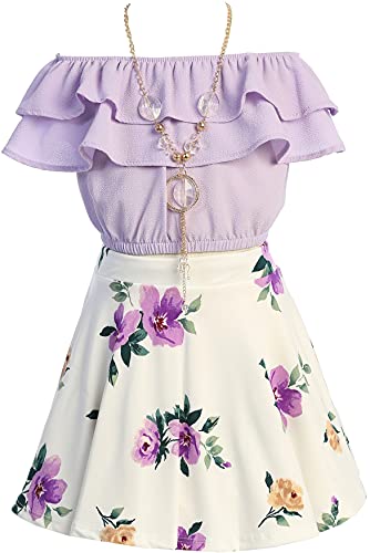 Image of Cold Shoulder Crop Top Ruffle Layered Top Flower Girl Skirt Sets for Girl