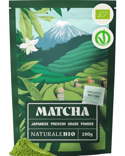NaturaleBio Japanese Organic Matcha Green Tea Powder - Premium Grade-100g. Produced in Japan Uji Kyoto. Use for Drinking Cooking Baking Smoothie Making and with Milk. Vegan & Vegetarian Friendly