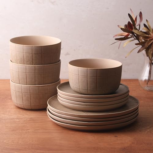 Gisbon Elite Butterwick 12 Piece Plates and Bowls Stoneware Dinnerware Set - Taupe Reactive Glaze Patterned Dishes - Microwave and Dishwasher Safe by Gibson Elite - Used condition - Image 5