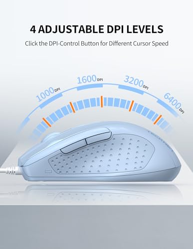 Image of TECKNET Wired Mouse, 6-Button Corded with 4 Adjustable DPI, Optical Mouse with Ergonomic Design and 5FT Cord for Laptop, Chromebook, PC, Desktop, Mac, Notebook - LT.Blue