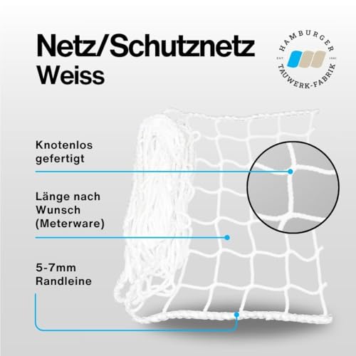 HAMBURGER TAUWERK-FABRIK EST. 1901 Netz, Universal Schutznetz Weiß - Breite: 1,0m Meterware (Preis pro Meter) - Made in Germany, Sicherheitsnetz, Balkonnetz, Rausfallschutz Hochbett, Relingsnetz