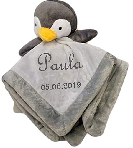 Wuff-Dogsworld Baby Kuscheltuch Pinguin mit Namen Bestickt Comforter Geschenk Taufe Geburt