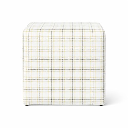 Image of HomePop 19 inch Square Ottoman - Natural Plaid Woven Fabric