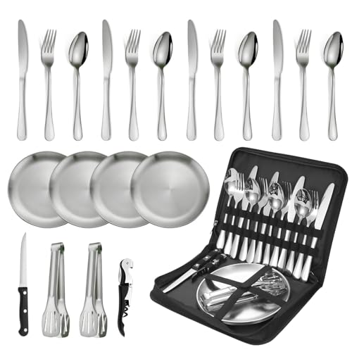 VBNZBK 20 Piezas de Juego de Vajilla de Camping para 4 Personas en Acero Inoxidable, con Cuchara, Tenedor, Cuchillo, Plato, Clip para Camping, Picnic y Senderismo