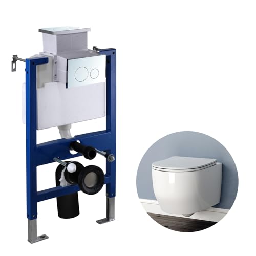 Bathroom Round Rimless Wall Hung Toilet with 0.82M Concealed Cistern Frame Short Projection WC Pan UF Soft Close Seat White Ceramic