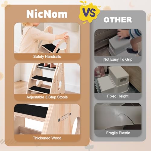 Toddler Step Stool, Wooden Height-Adjustable 3-Step Stool for Kids, Potty Training Stool with Handles and Non-Slip Pads for Bathroom Sink, Kitchen, Bedroom - Image 6
