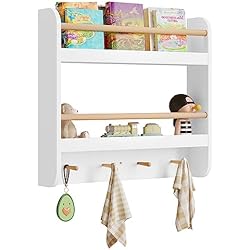 Estanterias Montessori Ikea WOLTU Libreria Infantil para Niños, Estanteria Infantil de Pared, Libreria Montessori de 2 Niveles con 4 Ganchos, para Habitación de Niños y Guardería, 60x12x55 cm, Blanco+Roble Claro