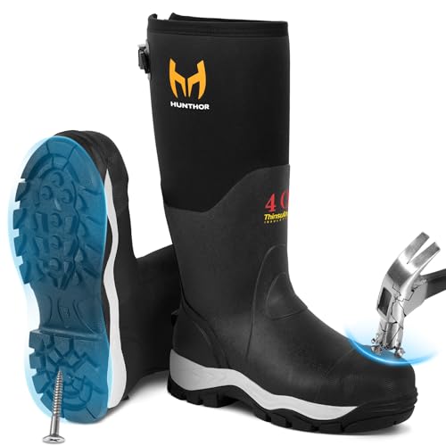Rubber Work Boots for Men with Steel Toe, 400g Insulated, 1100N Puncture-Proof Hunting Boots with 7mm Neoprene Waterproof and EVA Midsole, Back Gusset, Ideal for Work,Farming Fishing Size 7-