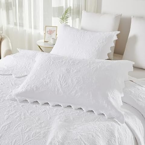 Brandream Quilted Pillow Shams Cotton Set of 2 White Standard Size Shabby Vintage Farmhouse Decorative Pillow Covers Full Queen Size Cover