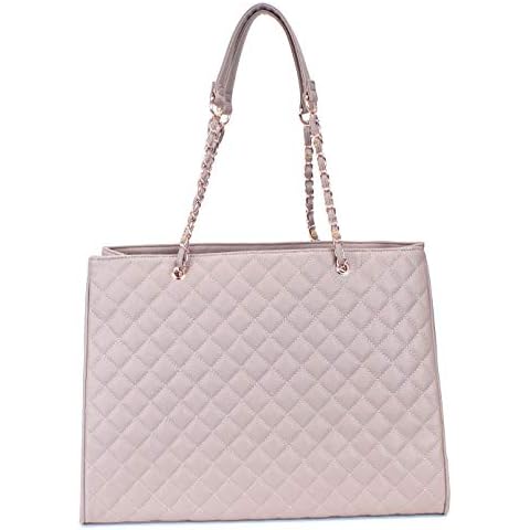 Women's Large Travel Tote Quilted Purse and Work Laptop Handbag - Rose Gold Hardware With Satin Interior - Light Pink Cover
