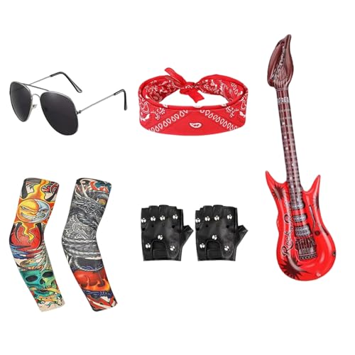 MAIKAOZAI Ensemble déguisement rock 7 pièces, tenue métallique avec guitare gonflable, bandeau, lunettes de soleil et gants – idéal pour fêtes à...