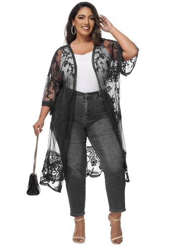 Image of Anna-Kaci Women's Plus Size Lace Cardigan Embroidered Long Kimono Dusters with Half Sleeves