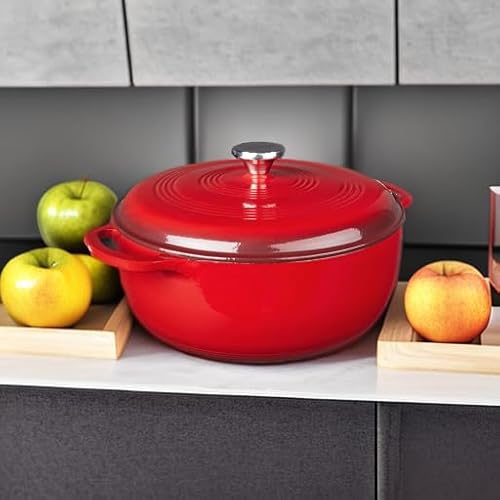 Lodge 7.5 Quart Enameled Cast Iron Dutch Oven with Lid – Dual Handles – Oven Safe up to 500° F or on Stovetop - Use to Marinate, Cook, Bake, Refrigerate and Serve – Island Spice Red