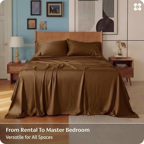 Image of Bedsure California King Sheet Sets, Cooling Sheets for Hot Sleepers, Rayon Derived from Bamboo, PureWoven, Breathable & Soft, Deep Pocket Up to 16 Inches, Hotel Luxury Silky Bedding, Brown