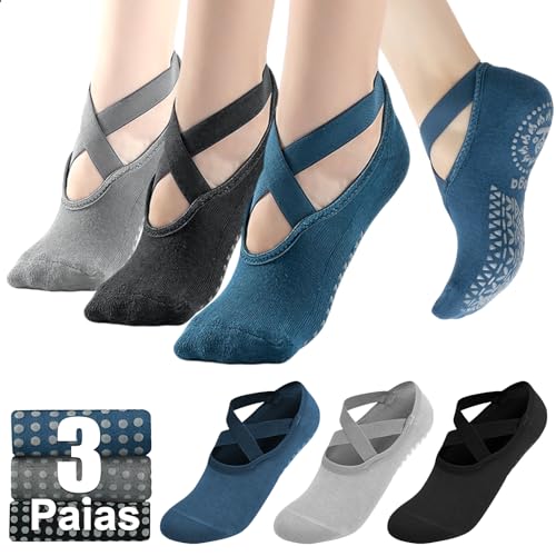 NHDDGR 3 Pairs Yoga Pilates Socks Non-Slip Socks for Women Girls Grippy Floor Sock Non-Slip Handles Straps One Size Breathable for Fitness Ballet