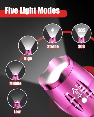 Image of Victoper LED Flashlight 2 Pack Pink, Bright Tactical Torch High Lumens 5 Modes, Waterproof Zoomable Flash Light for Outdoor, Birthday Gifts for Men, Dorm Room Hiking Camping Essentials Gear for Guys