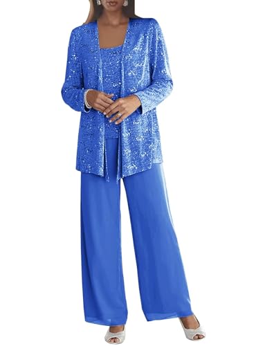 Dressy Pant Suits for Wedding Sparkly Sequin Outfit with Sleeves 3 Pieces Mother of The Bride with Jacket for Women