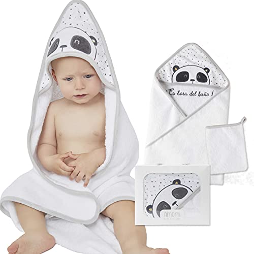 Amomí Toallas de Baño para Bebe Toallas Bebe con Capucha, con 1 Toallita, Diseño de Oso Panda, 100% Algodón, 75x 75cm, Grande, Suave y Confortable, Extra Absorbente, Niños y Niñas (Blanco, 75_x_75cm)