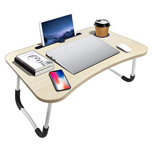 Portable Laptop Bed Table, Fordable Lap Desk with Cup Slot & Notebook Stand Breakfast Bed Trays for Eating and Laptops Book Holder Lap Desk for Floor,Couch, Sofa, Bed, Terrace, Balcony (White)