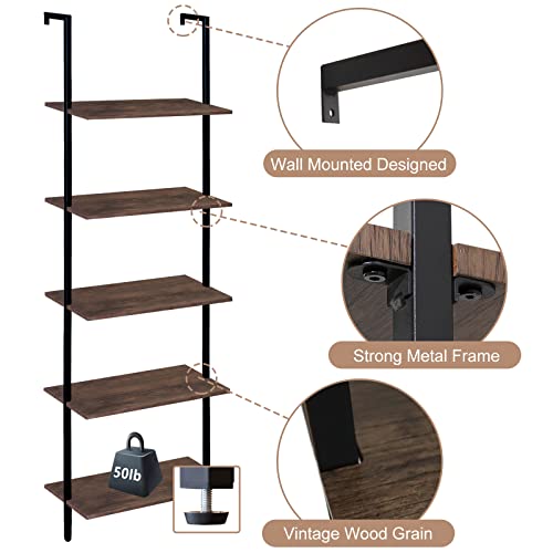Wolawu 5 Tiers Ladder Shelf Black Modern Bookshelf Open Tall Wall Mount Bookcase Standing Leaning Wall Shelves Industrial Decorative Living Room Bed Room #TOP3