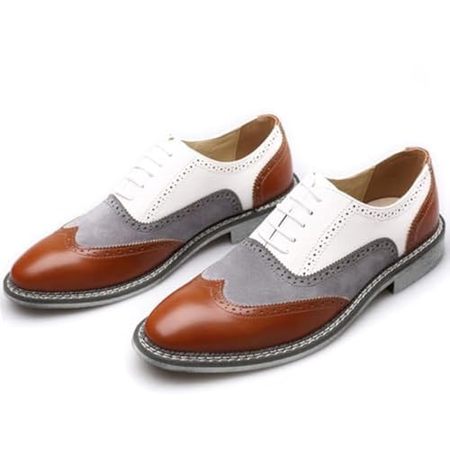Image of Men's Leather lace-up Brogues Dress Oxford Shoes Classic Wingtip Two Tone Derby Gatsby Prom Shoes Fashion Round Toe Business Formal Leather Shoes