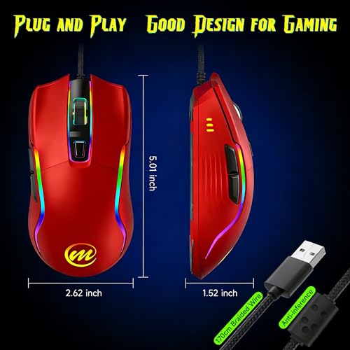 Image of memzuoix Wired Gaming Mouse with RGB - 6 Adjustable DPI up to 12800, 6 Buttons, 12 Lighting Modes, Ergonomic Design with Anti-Slip Rubber Wheel, 5.6ft Braided Cable for PC /Mac /Windows - Red