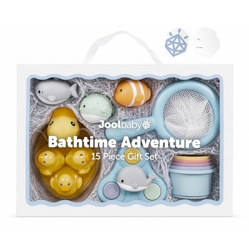 Image of Jool Baby 15-Piece Bathtub Toys Gift Set with Bath Toy Storage Organizer | NAPPA Award Winner - Great Gift in Gift-Ready Packaging - Includes Mesh Storage Bag for Air Drying & Keeping Toys Organized