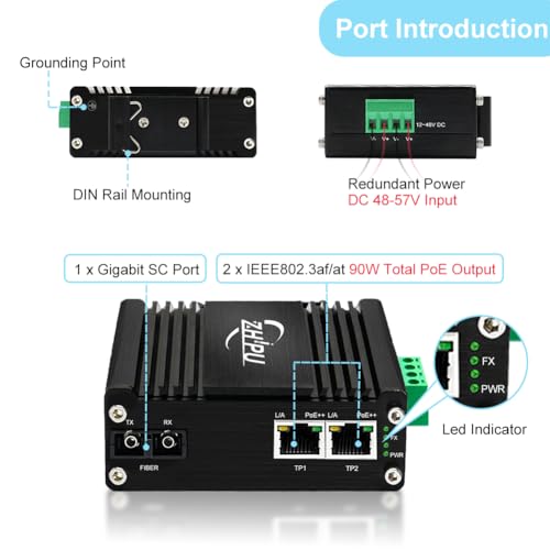 Image of Industrial 2 Ports PoE SC Gigabit Fiber Media Converter, 48-57V DC Input PoE90W, 1 SC and 2 RJ45 IEEE802.3af /at, SC Fiber Single Mode, Dual Fiber, 1310nm, 20km