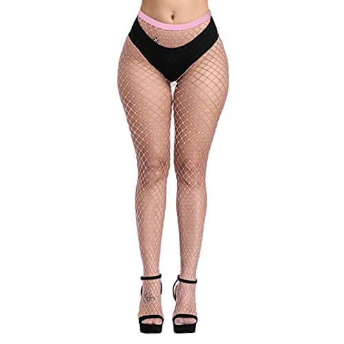 Pareberry Women's High Waisted Fishnet Tights Sexy Wide Mesh Fishnet Stockings One Size Pink(middle Hole)