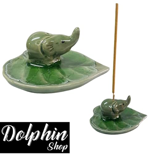 Dolphin Shop, Ceramic Incense Holder Stick Burner Small Elephant Green With Leaf Tray Dish 1 Pc Handmade Cute Animal For Decorative Statue Home Indoor Outdoor Buddhist Massage Spa Yoga Office #TOP2