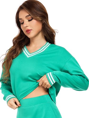 IBL LiveShine Scuba Sweatshirt for Women Oversized Cropped, Dropped-Shoulder V-Neck Long-Sleeve T-Shirts Pullover Preppy Tops