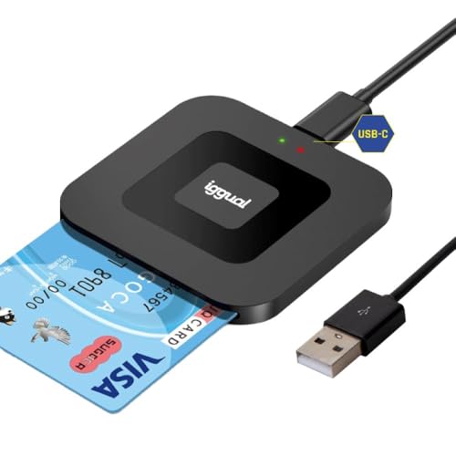 Iggual Lector DNI Electrónico y Tarjetas Inteligentes - Conexión Entrada Tipo C - Admite Cables de Salida USB-A y USB-C - Compatible DNIe 4.0 - Velocidad de Lectura 420 kbps - Windows, macOS y Linux