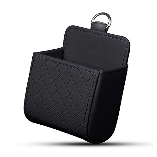 ihreesy Car Air Vent Storage Bag,PU Leather Phone Holder Universal Sunglass Holder Organizer Pocket with Hook Air Vent Organizer for Coin Key Card,Black