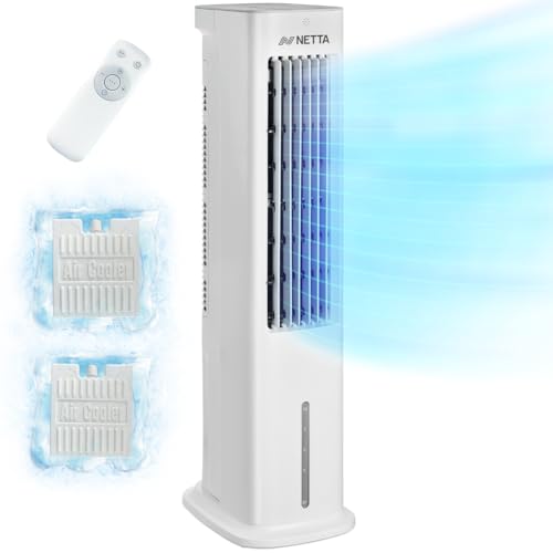 NETTA Enfriador de aire portátil de 5 litros con control remoto, ajustes de ventilador y humidificador, oscilación automática, 3 velocidades de ventilador y 3 modos, enfriador de aire evaporativo de