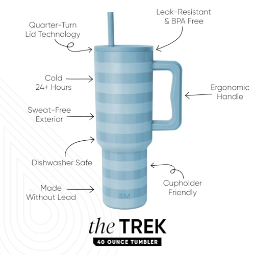 Image of Simple Modern 40 oz Trek Tumbler with Handle and Straw Lid | Cup Holder Friendly Insulated Stainless Steel Travel Mug | Blue Jay Gingham