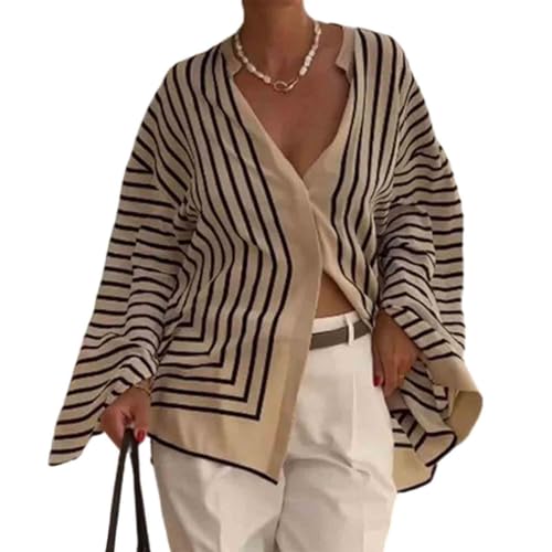 Women's striped round neck long sleeved cardigan loose casual breasted shirt jacket