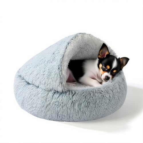 YUDANSI Calming Small Dog Bed & Indoor Cat Bed - Plush Fluffy Hooded Cave Nest, Anti-Slip...