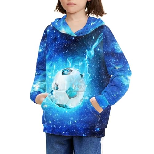 Boys Girls Hoodies 3D Printed Blue Fire Football Hooded Sweatshirts Casual Long Sleeve Galaxy Pullover with Pocket for 6-16 Years3